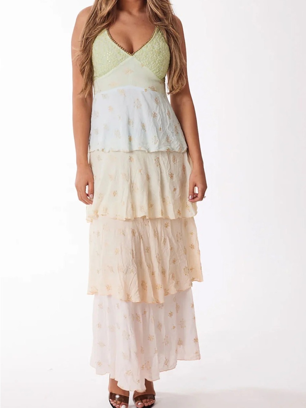 NWTPastel Tiered Backless Maxi Dress with Tassel Tie